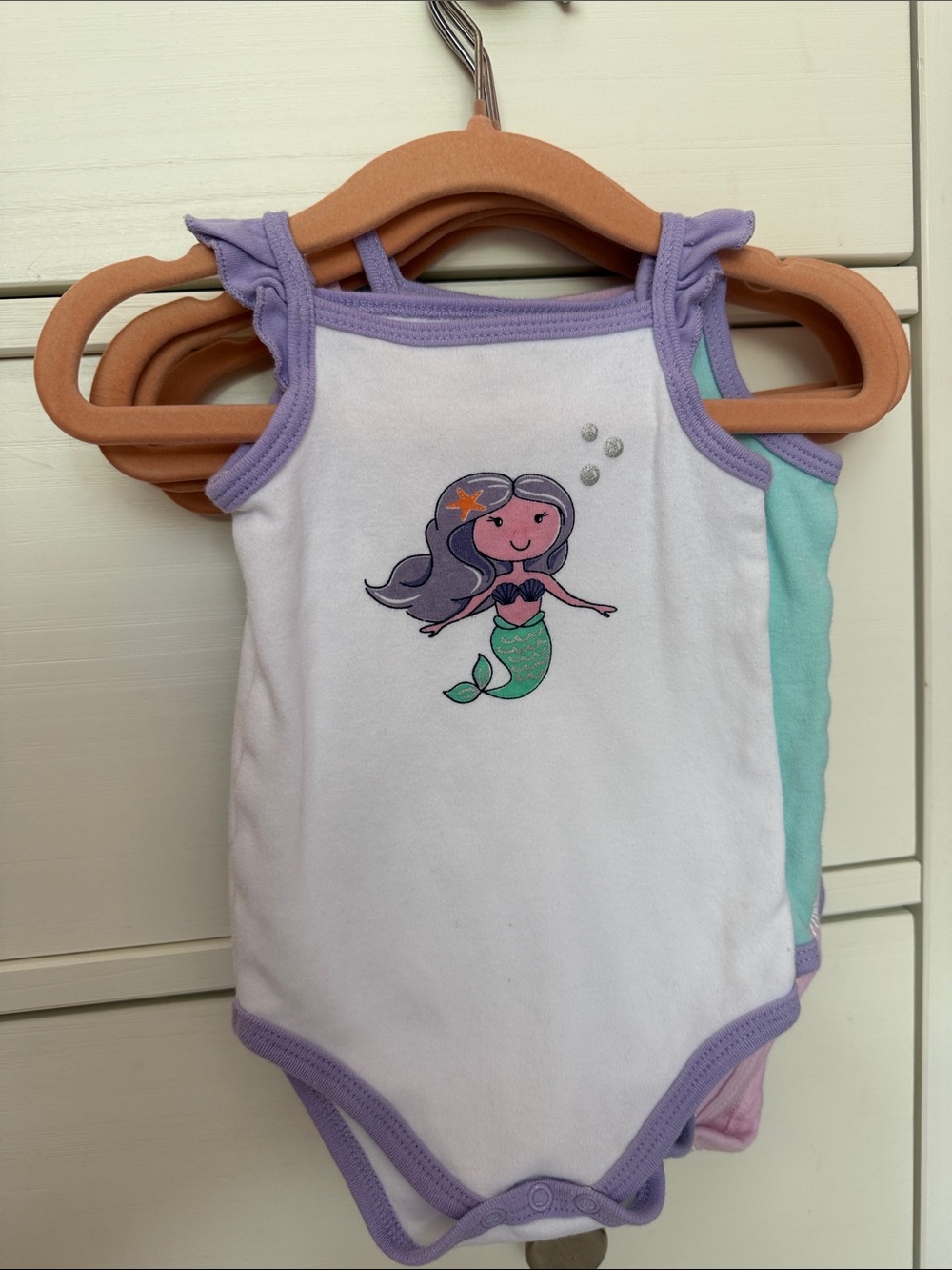 Girls Mermaid Themed Tank One-Piece Bodysuits - Mint, Pink, Lavender, White - Picture 4 of 8